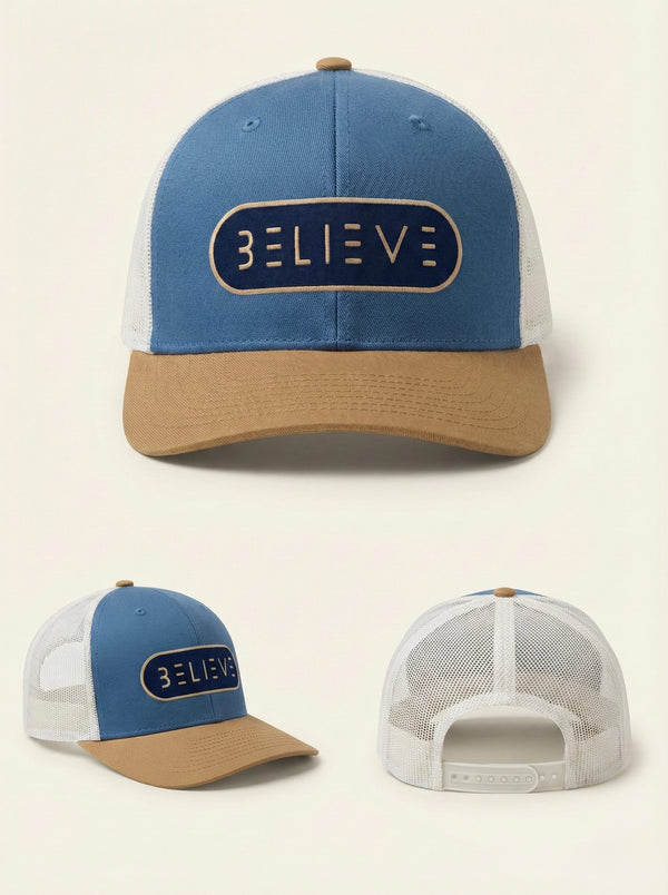 Blue and Camal Believe Trucker