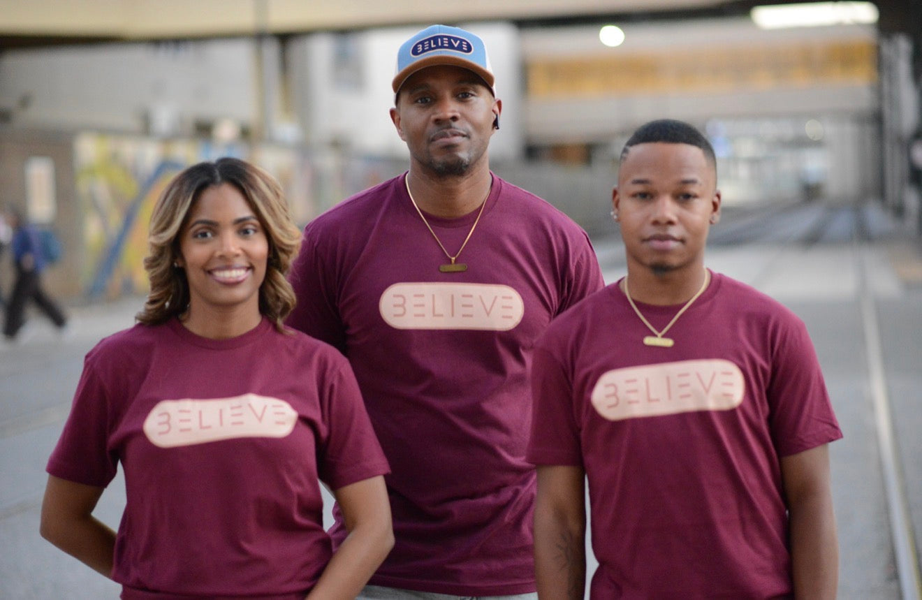 Cranberry BELIEVE T-Shirt with Gold & Tan