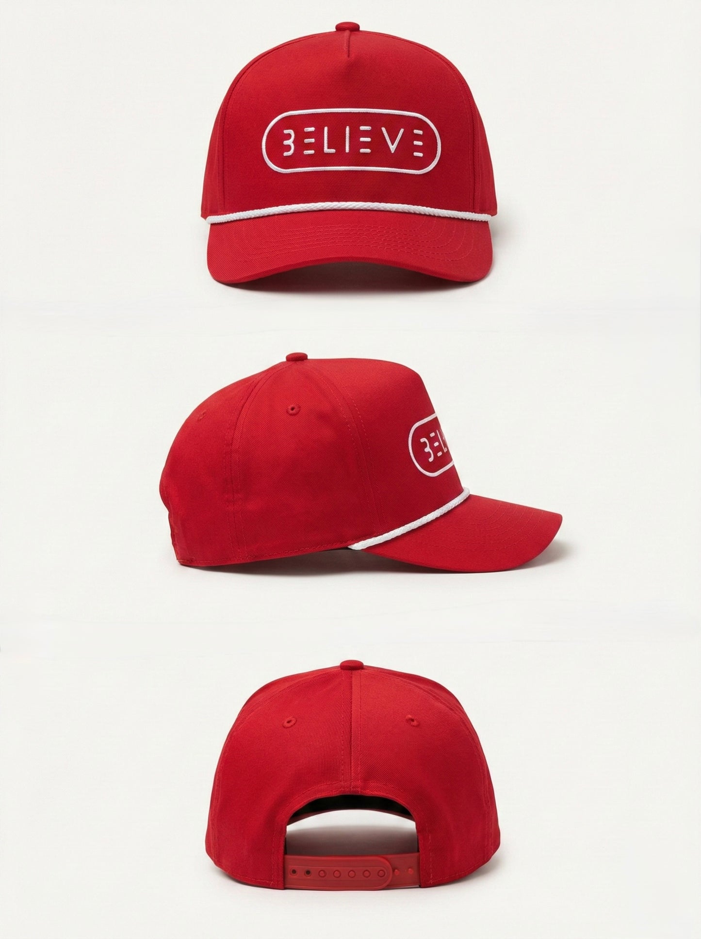 Believe Rope Snapback Hat – Red & White