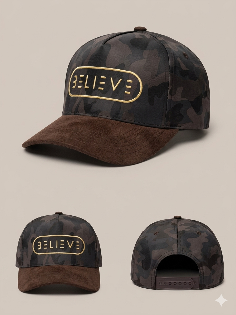 BELIEVE Camo Snapback Hat – Brown Suede Brim