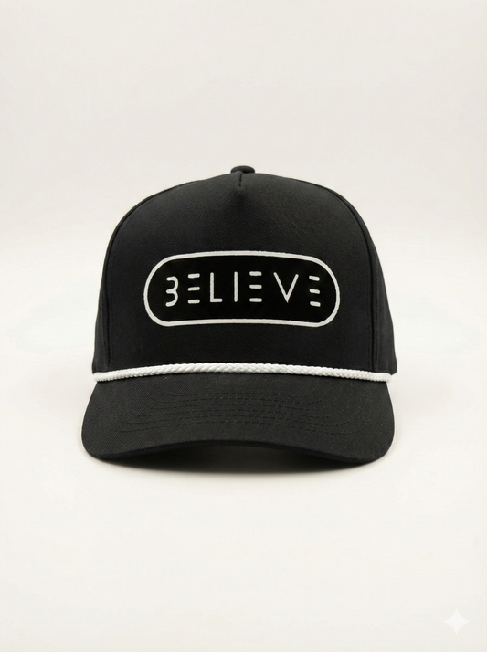 Believe Rope Snapback Hat – Black & White