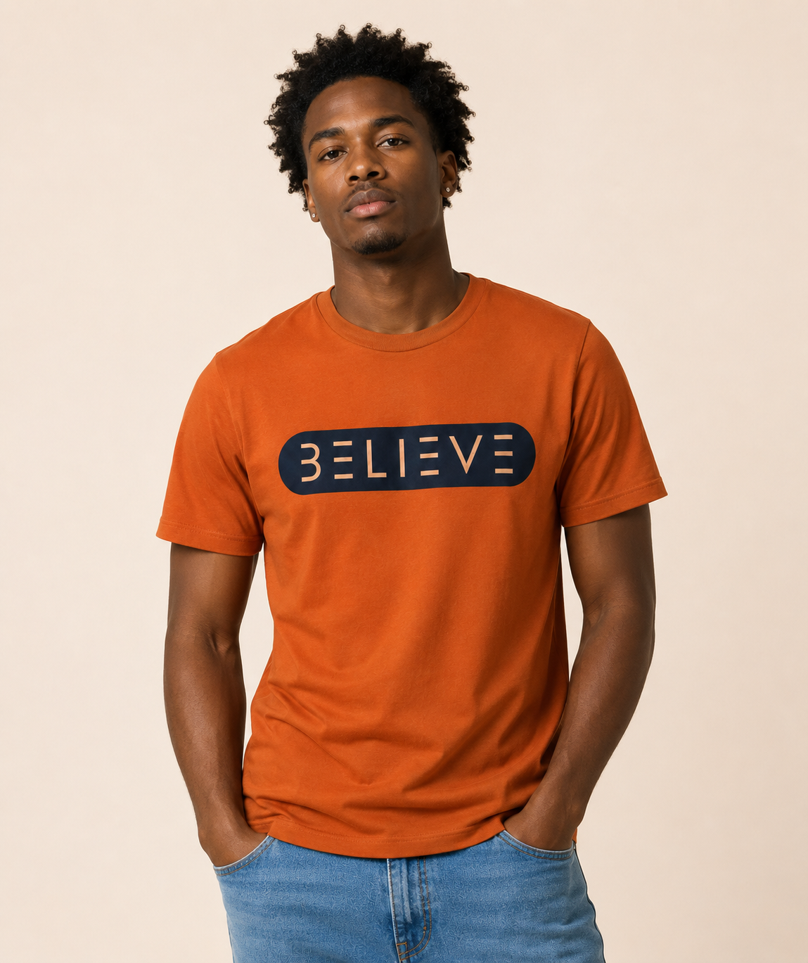 Orange and Navy BELIEVE T-Shirt