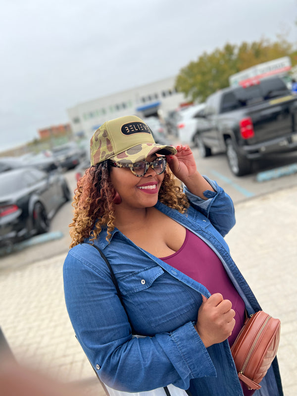 Military Tan BELIEVE Trucker Hat