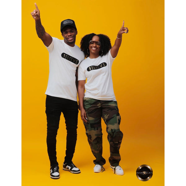 White Black & Gold BELIEVE T-Shirts