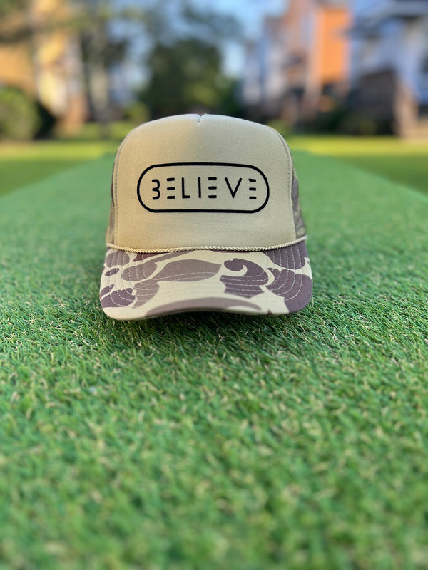 Military Tan BELIEVE Trucker Hat