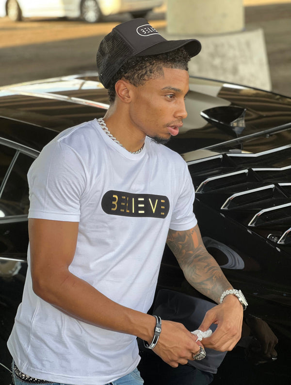 Black and White BELIEVE Trucker Hat