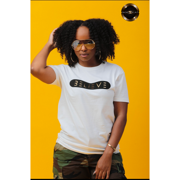 White Black & Gold BELIEVE T-Shirts