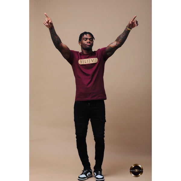 Cranberry BELIEVE T-Shirt with Gold & Tan