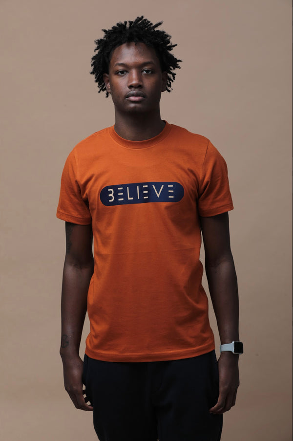 Orange and Navy BELIEVE T-Shirt