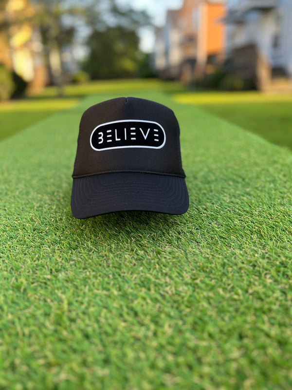 Black and White BELIEVE Trucker Hat