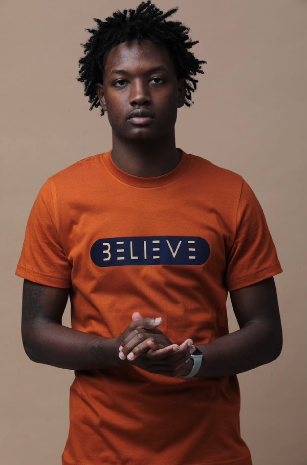 Orange and Navy BELIEVE T-Shirt