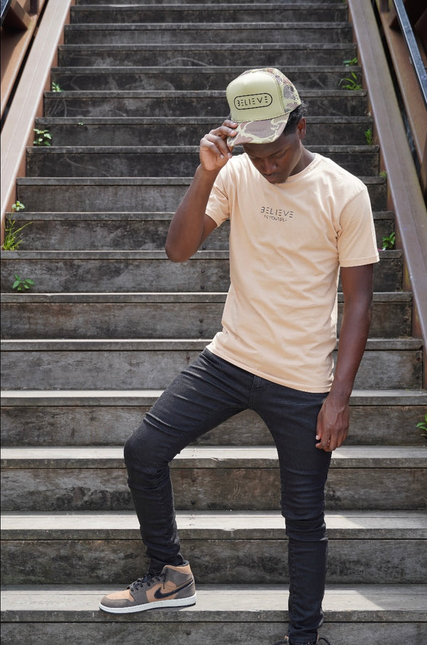 Military Tan BELIEVE Trucker Hat