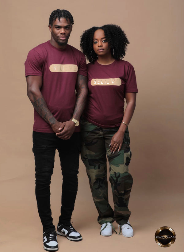 Cranberry BELIEVE T-Shirt with Gold & Tan