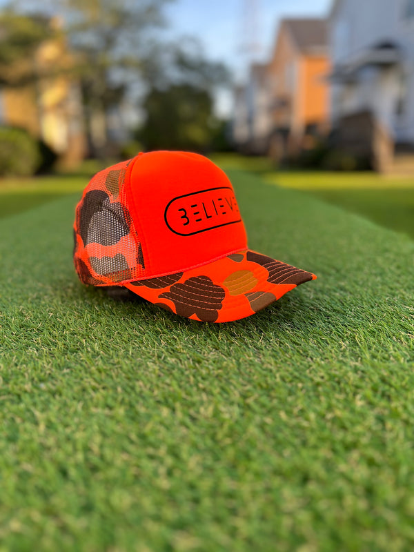 Orange Camo BELIEVE Trucker Hat