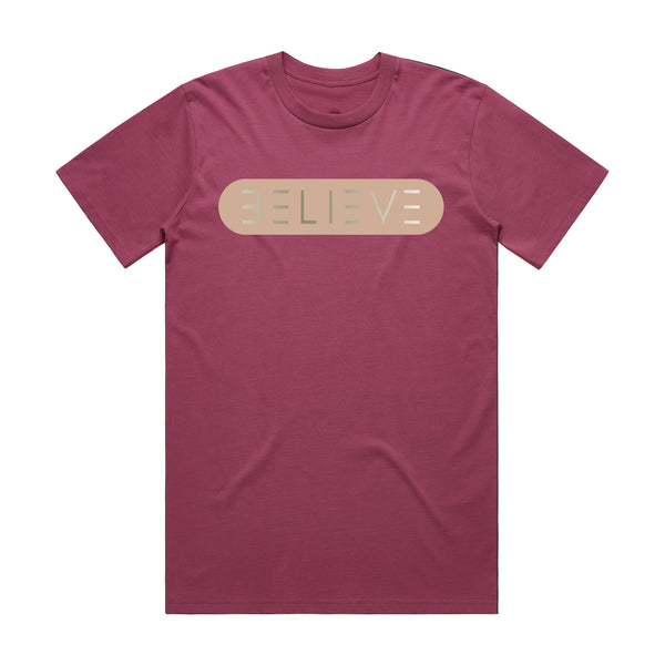 Cranberry BELIEVE T-Shirt with Gold & Tan