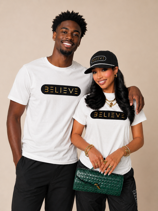 White Black & Gold BELIEVE T-Shirts