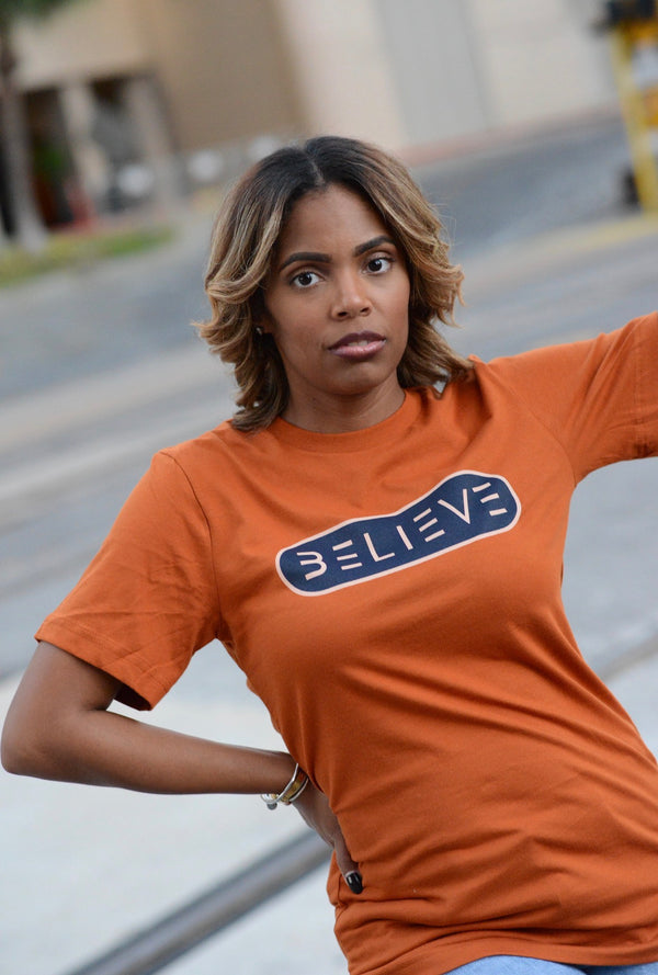 Orange and Navy BELIEVE T-Shirt