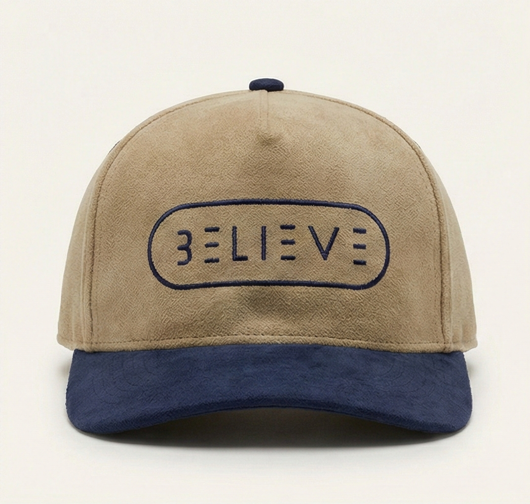 Believe Snapback Hat – Khaki & Navy Suede