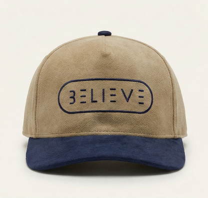 Believe Snapback Hat – Khaki & Navy Suede