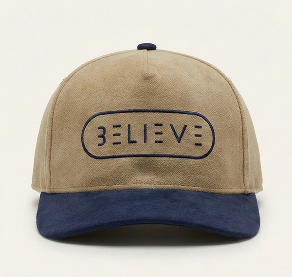 Believe Snapback Hat – Khaki & Navy Suede