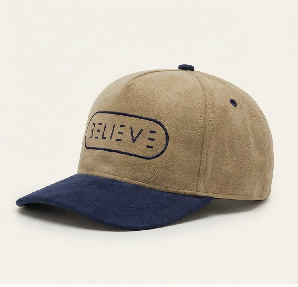 Believe Snapback Hat – Khaki & Navy Suede