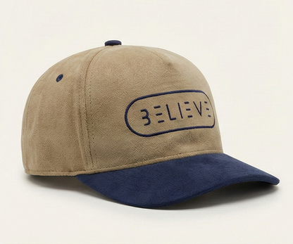 Believe Snapback Hat – Khaki & Navy Suede