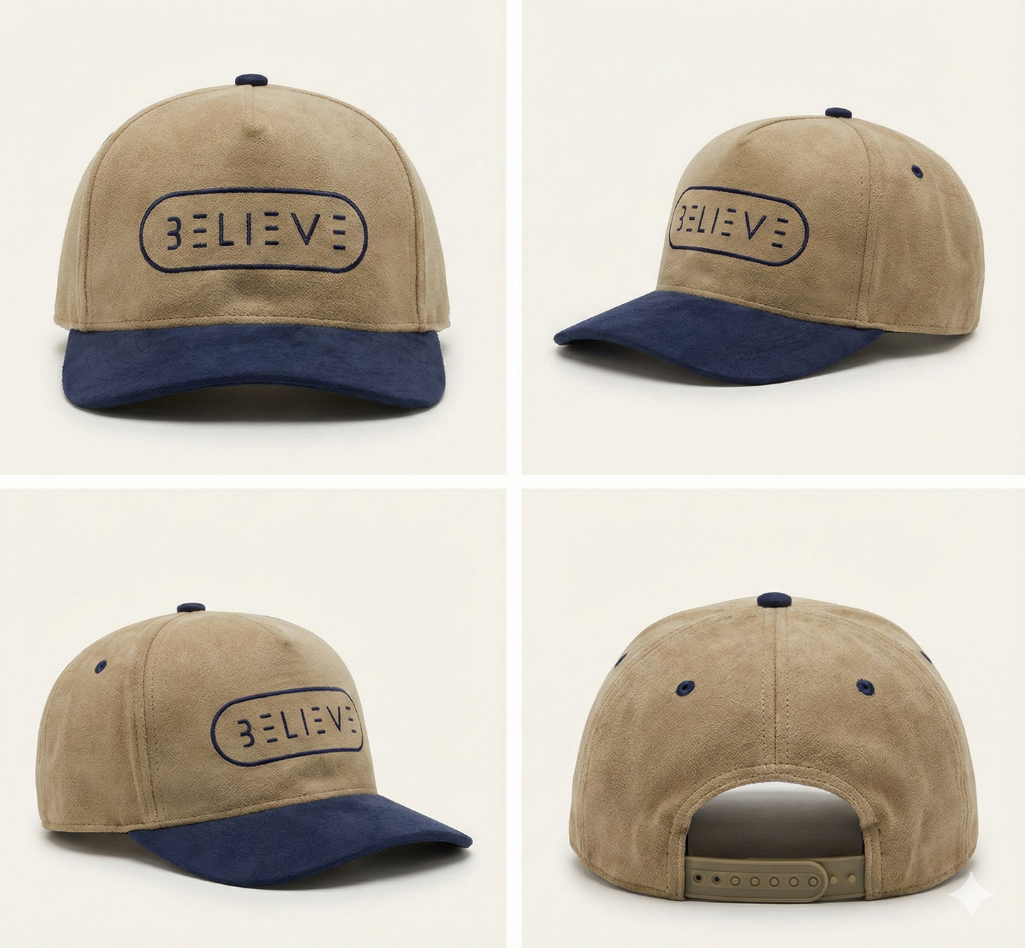Believe Snapback Hat – Khaki & Navy Suede
