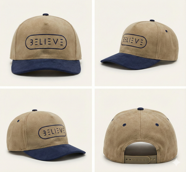 Believe Snapback Hat – Khaki & Navy Suede