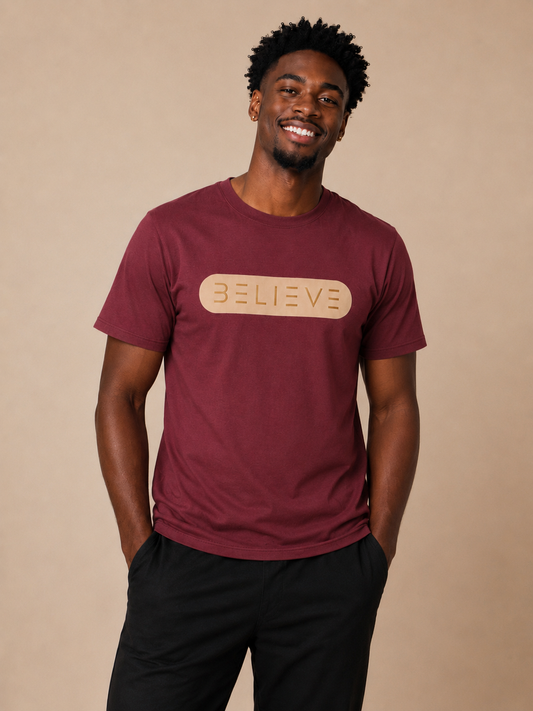 Cranberry BELIEVE T-Shirt with Gold & Tan