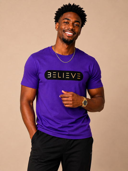 Purple and Gold Believe Tee
