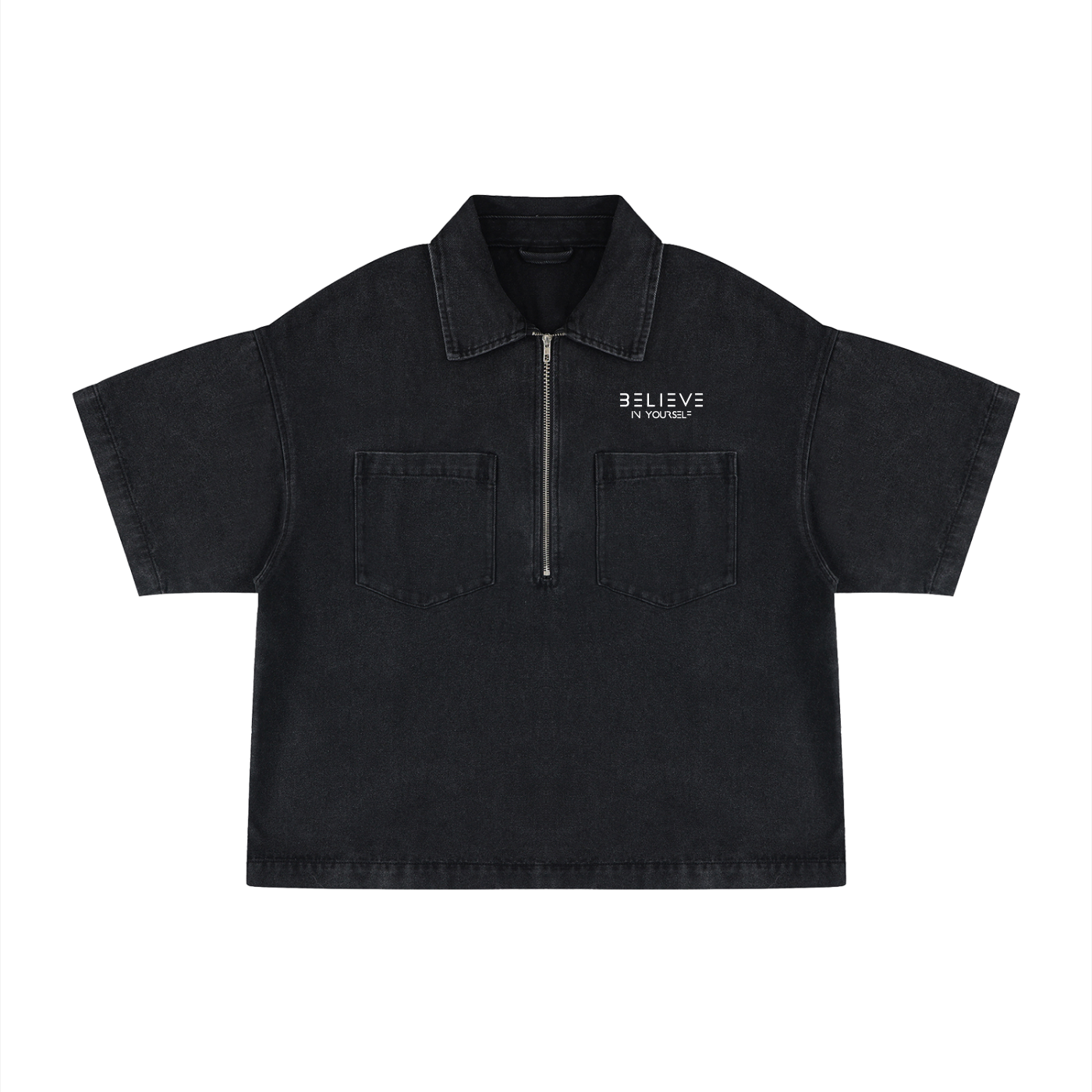 Unisex Vintage Wash Boxy Quarter-Zip Denim Shirt