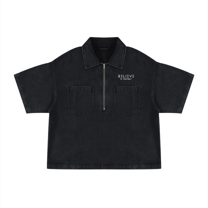 Unisex Vintage Wash Boxy Quarter-Zip Denim Shirt