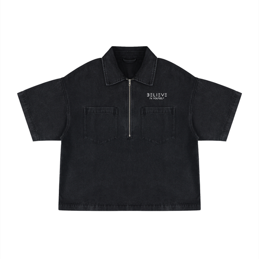 Unisex Vintage Wash Boxy Quarter-Zip Denim Shirt