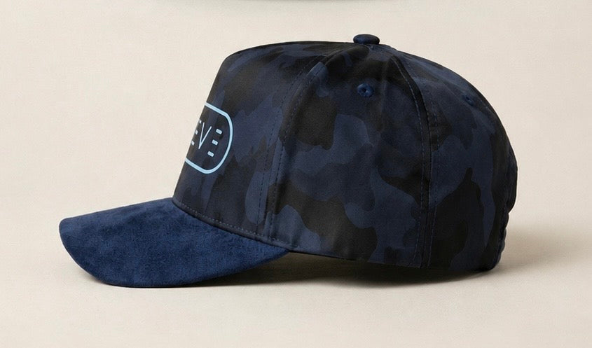 BELIEVE Camo Snapback Hat – Navy Suede Brim