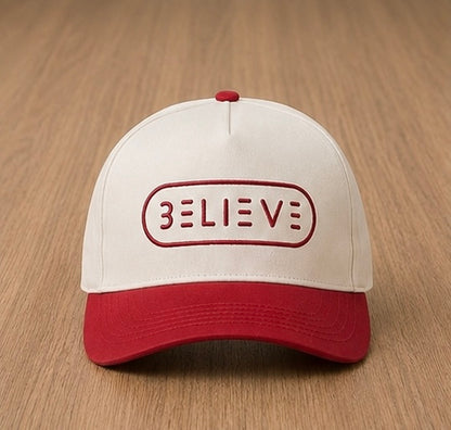 BELIEVE Snapback Hat – Cream/Red
