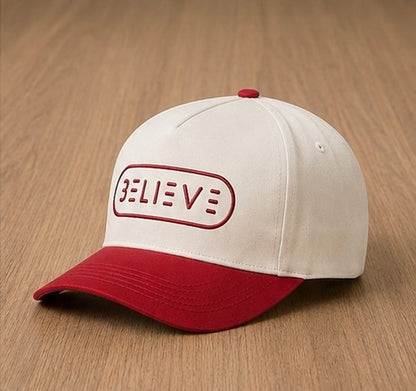 BELIEVE Snapback Hat – Cream/Red