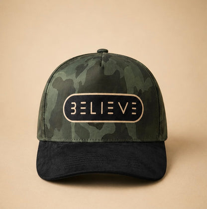 Believe Green Camo Satin & Suede Hat