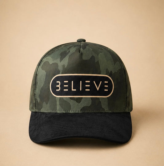 Believe Green Camo Satin & Suede Hat