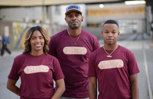 Cranberry BELIEVE T-Shirt with Gold & Tan