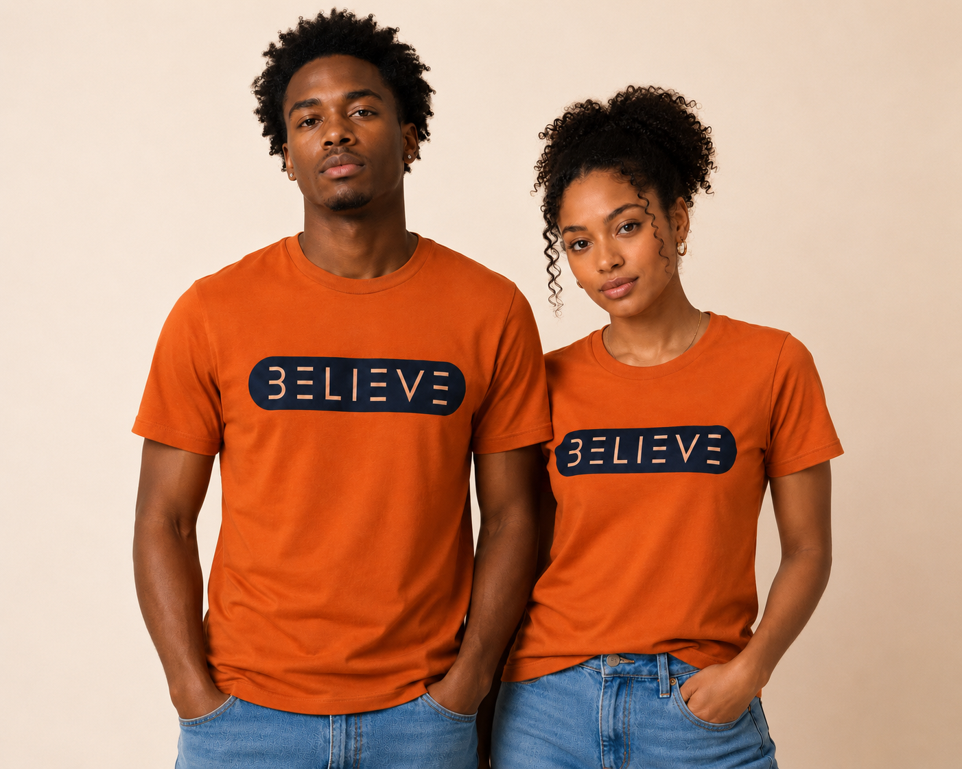 Orange and Navy BELIEVE T-Shirt