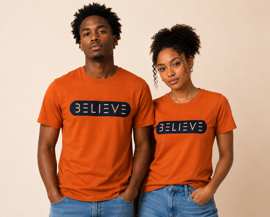 Orange and Navy BELIEVE T-Shirt