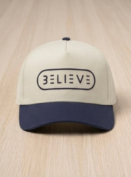 BELIEVE Snapback Hat – Cream/Navy