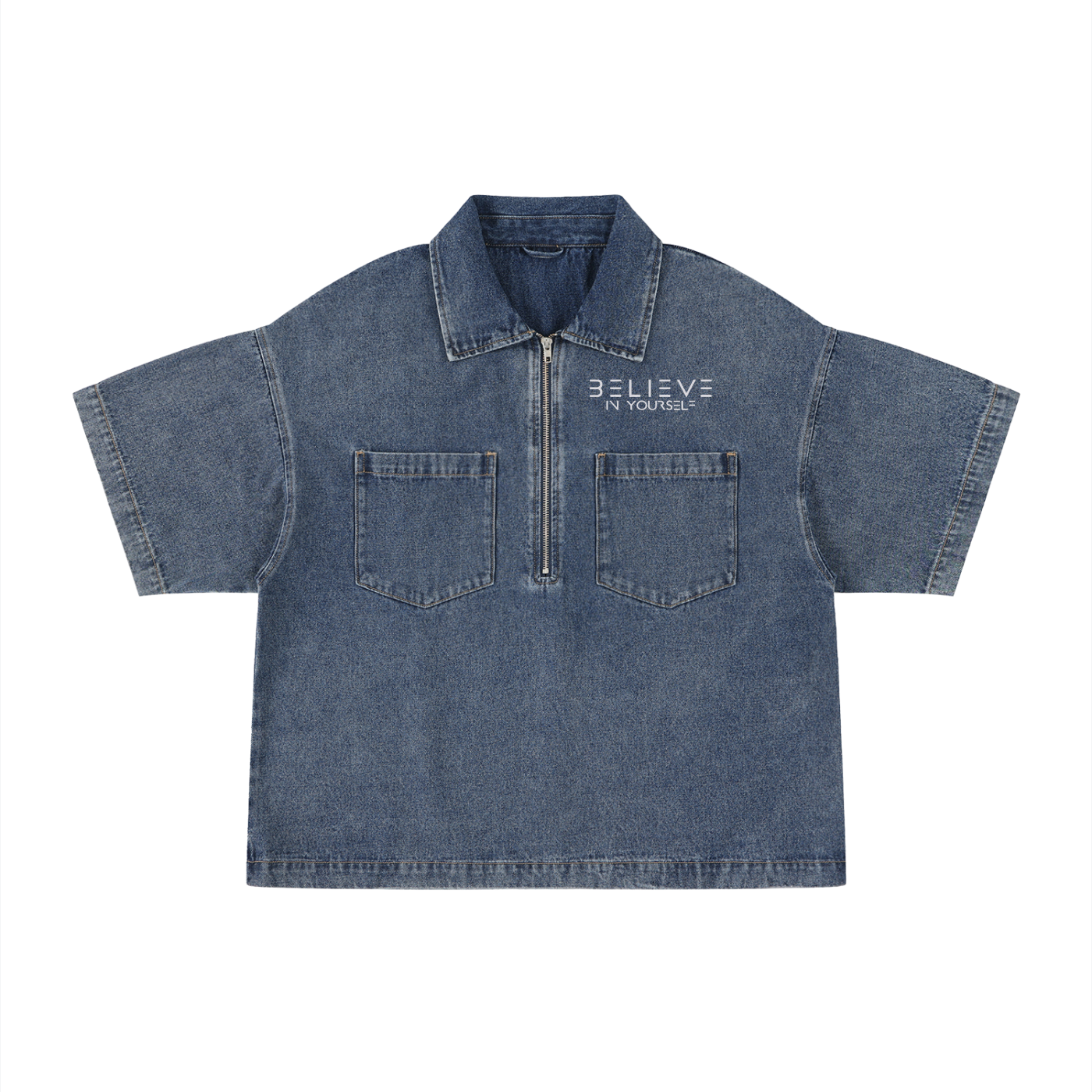 Unisex Vintage Wash Boxy Quarter-Zip Denim Shirt