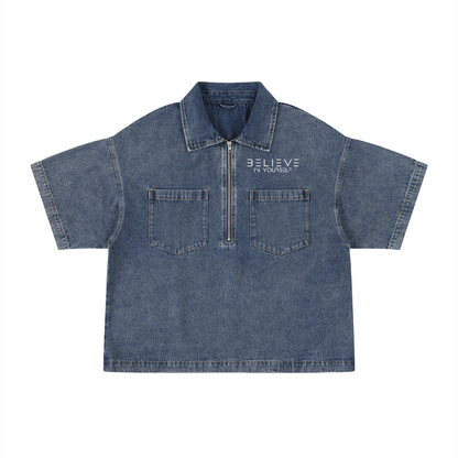 Unisex Vintage Wash Boxy Quarter-Zip Denim Shirt
