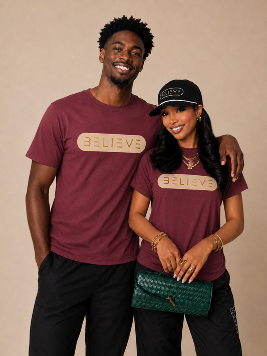 Cranberry BELIEVE T-Shirt with Gold & Tan