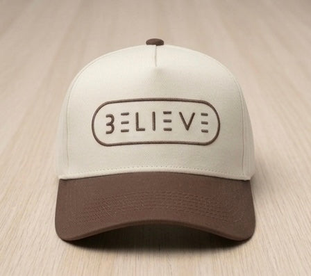 BELIEVE Snapback Hat – Cream/Brown