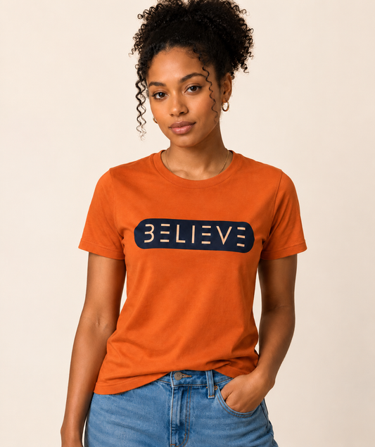 Orange and Navy BELIEVE T-Shirt