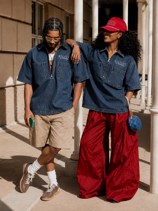 Unisex Vintage Wash Boxy Quarter-Zip Denim Shirt