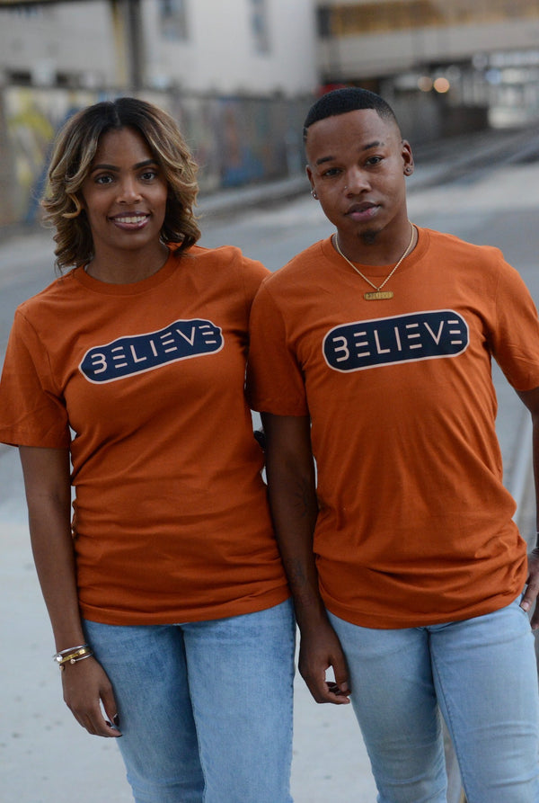 Orange and Navy BELIEVE T-Shirt