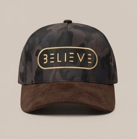 BELIEVE Camo Snapback Hat – Brown Suede Brim
